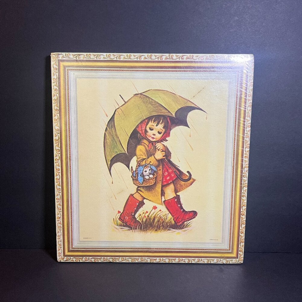 VTG 1972 Champion Stapco Girl w/ Kitten & Umbrella Corkboard Lithograph Wall Art